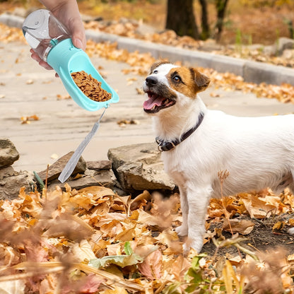 Portable pet water bottle with food compartment for hiking and travel